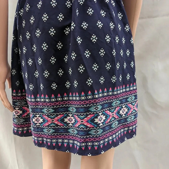 AQUA BORDER PRINT HANDKERCHIEF DRESS Small Navy Blue Halter Neck - Picture 10 of 12